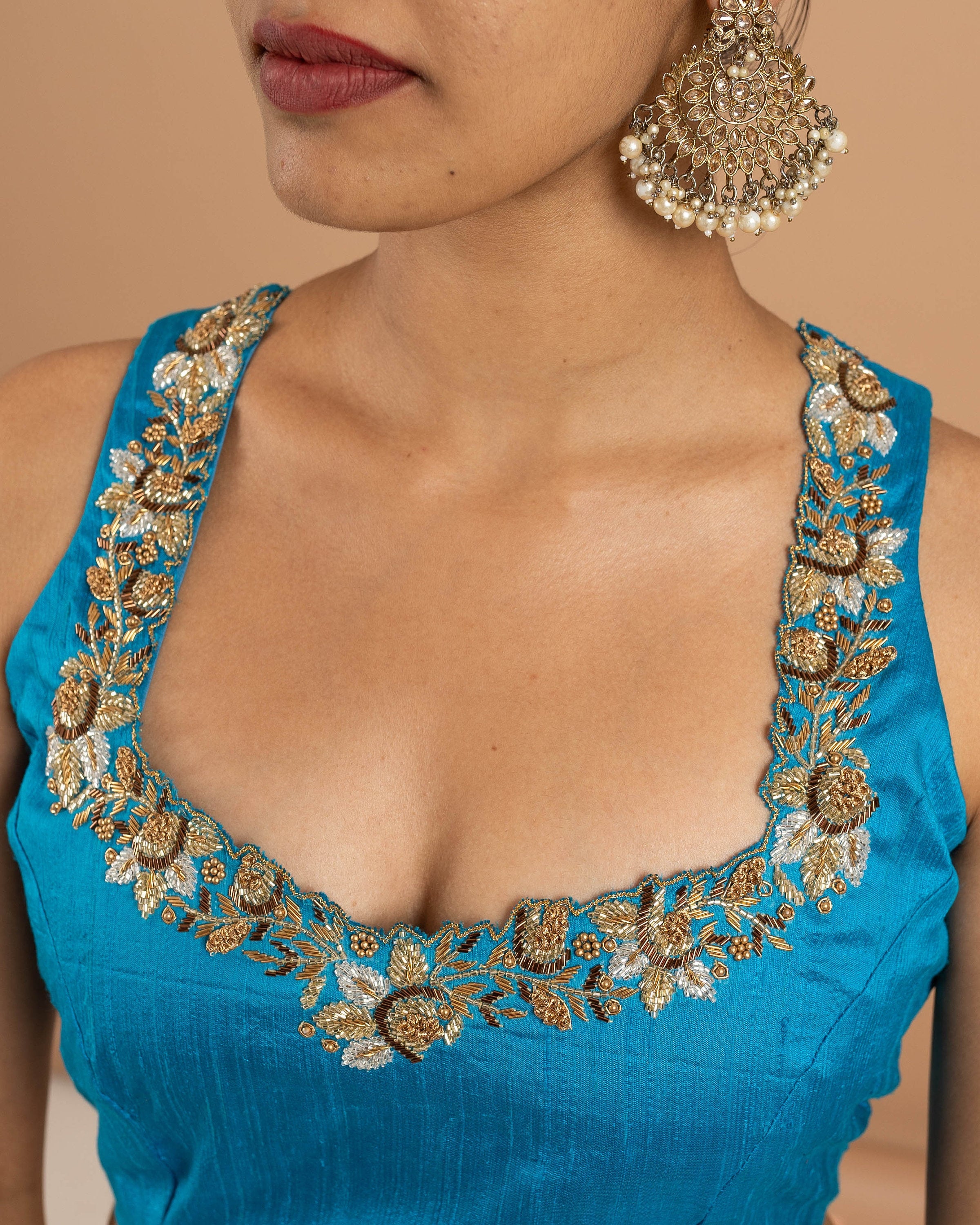 Blue and gold blouse, Designer Hand embroidered, bead work blouse