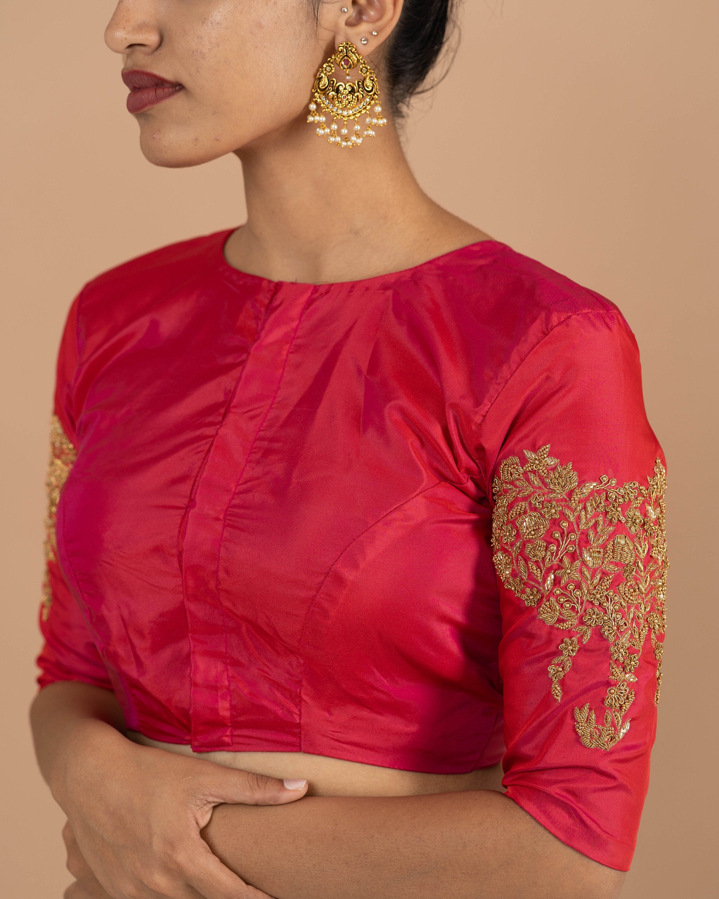 Red silk blouse for saree, Designer Hand embroidered