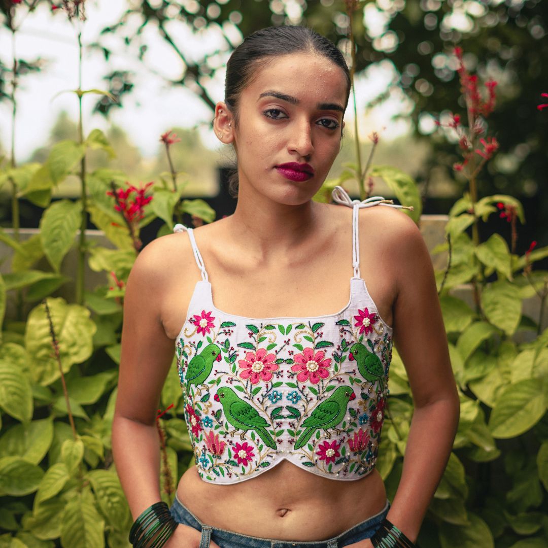 Green bead embroidery clutch bag with detachable sling