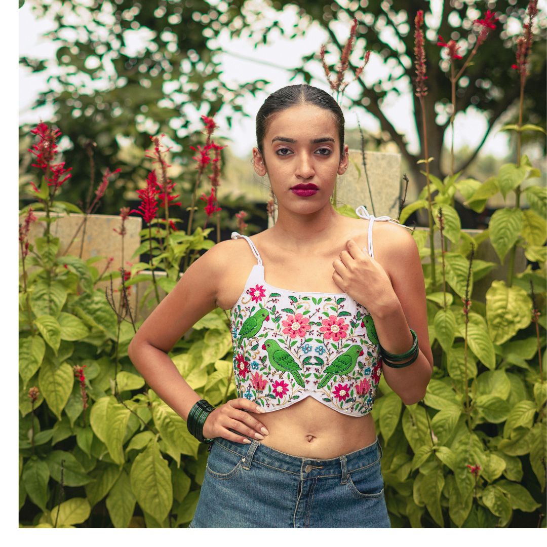 Green bead embroidery clutch bag with detachable sling