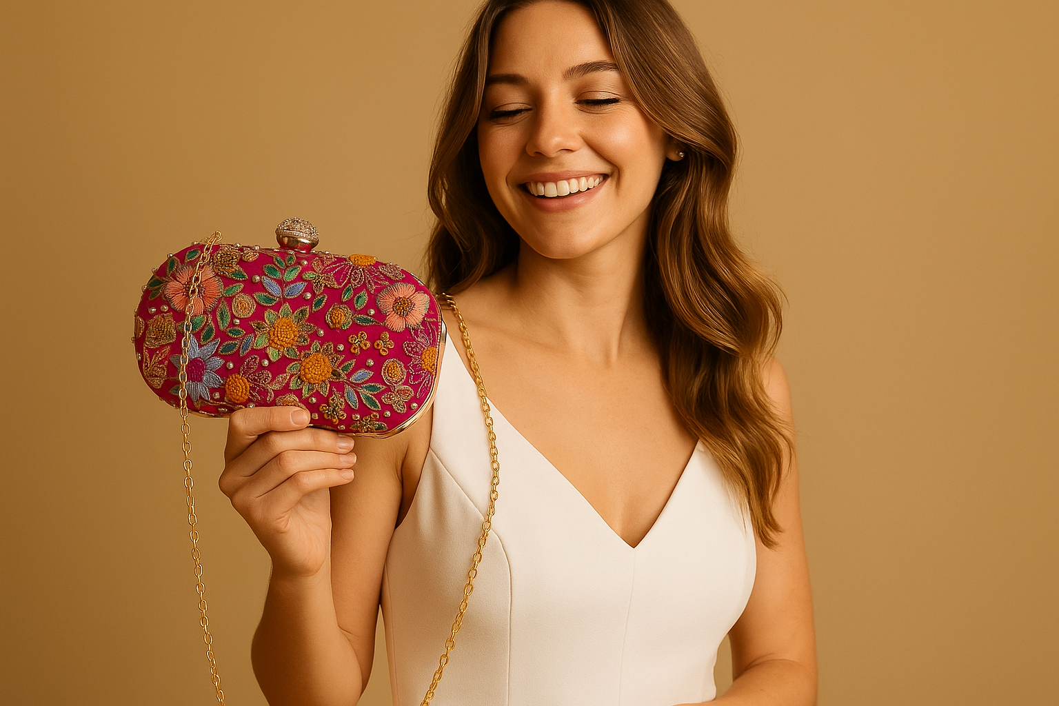 Hot pink hand made bead embroidery clutch bag detachable sling