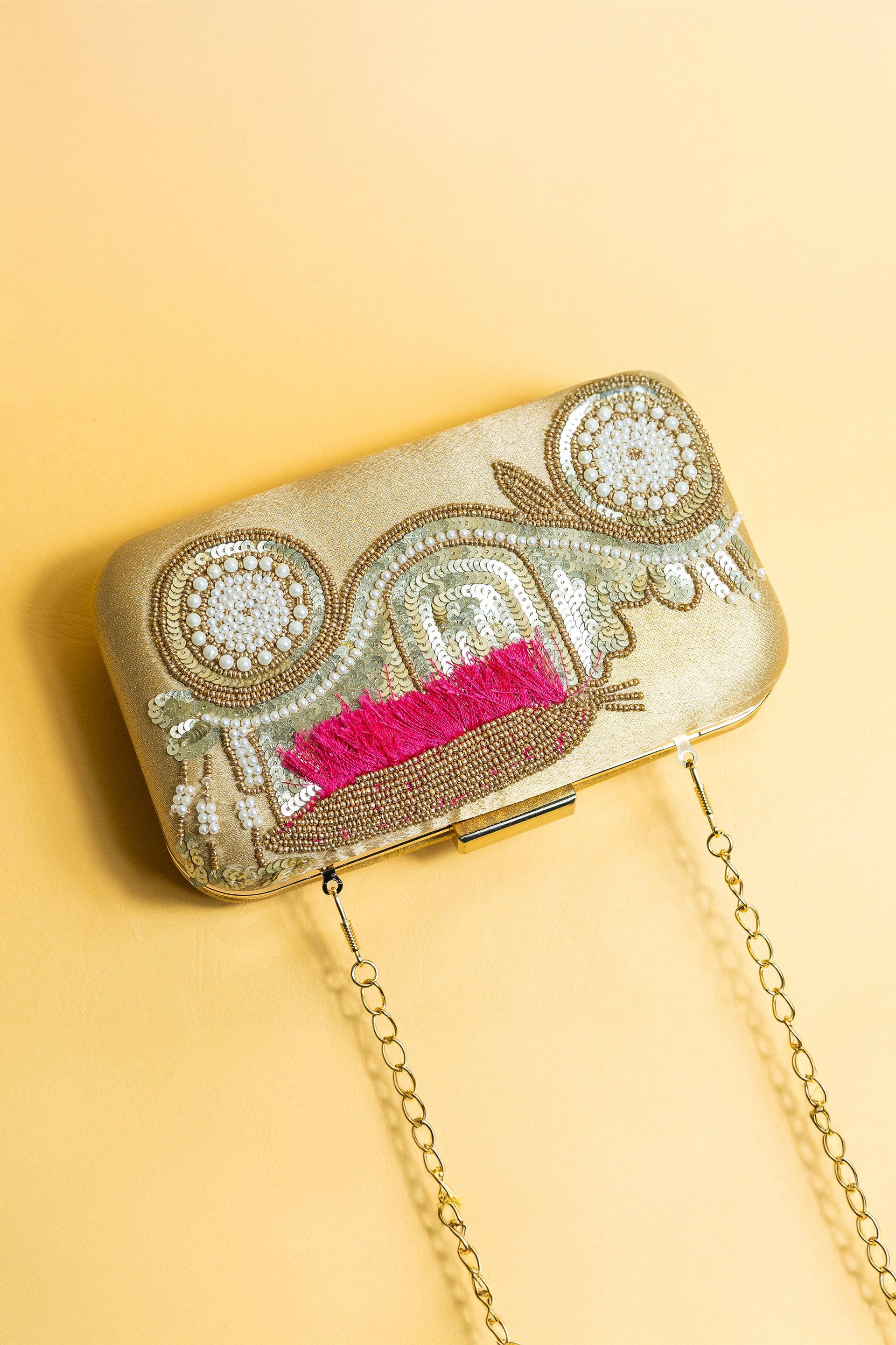 Gold silk clutch purse/bag, hand made embroidery clutch bag with detachable metal sling