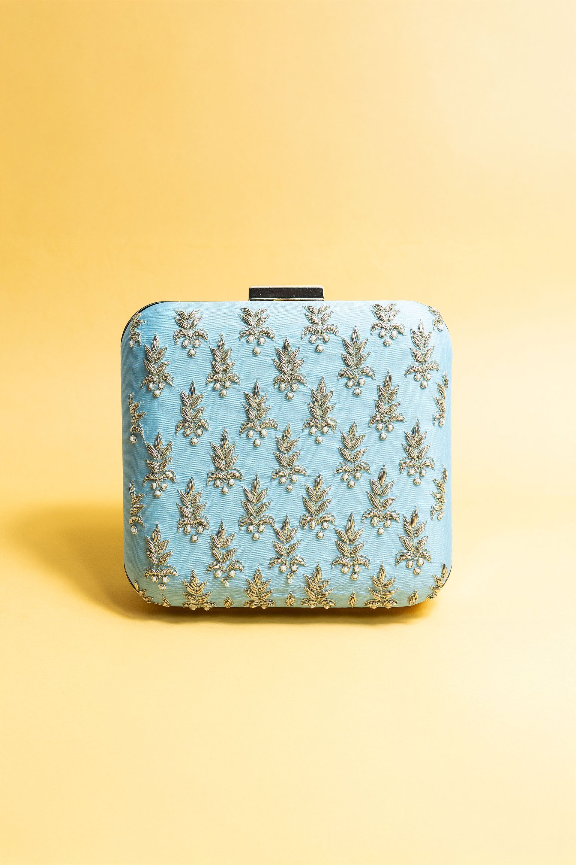 Powder blue and gold square hand made bead embroidery and pure silk clutch bag detachable sling