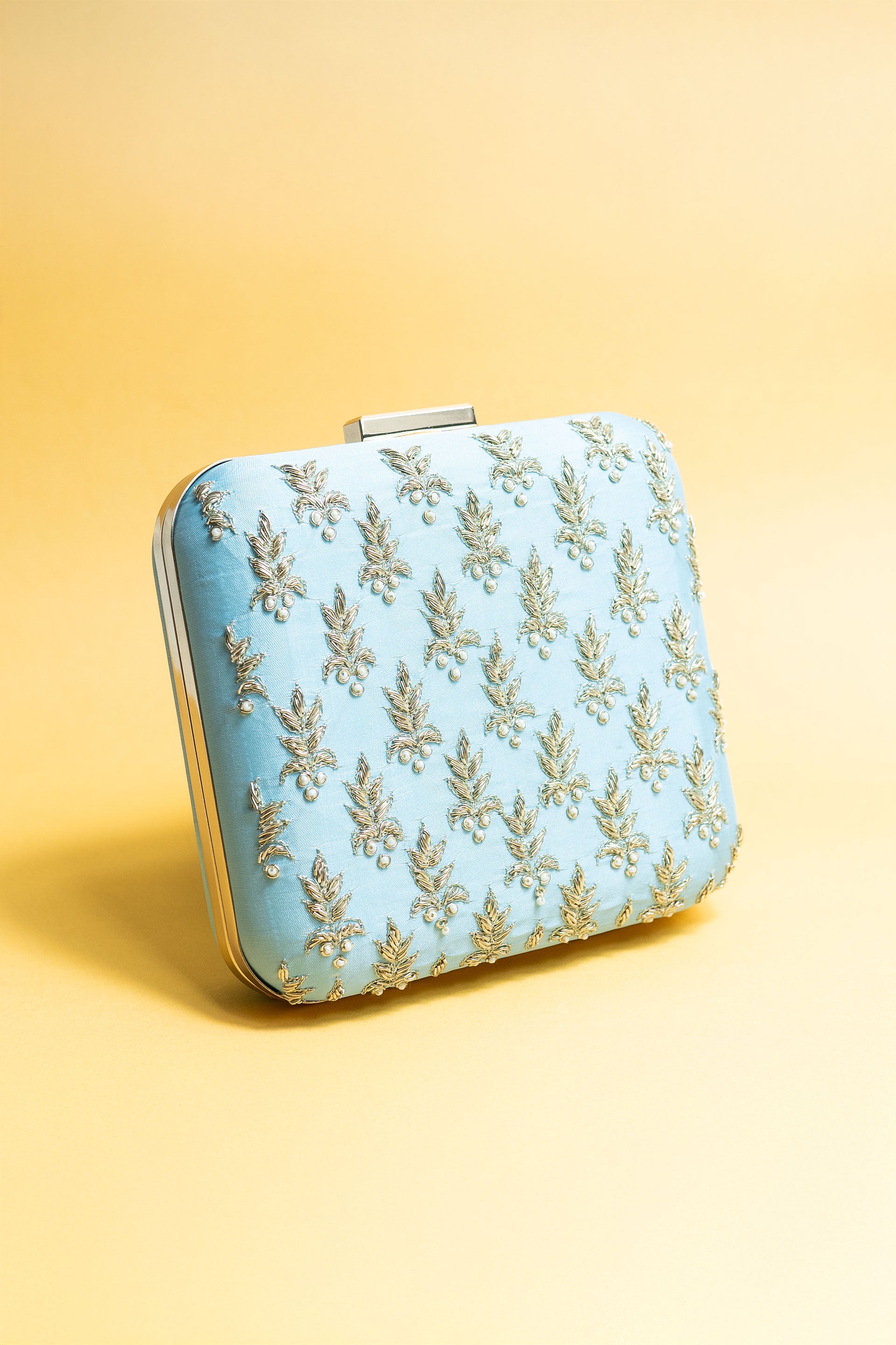 Powder blue and gold square hand made bead embroidery and pure silk clutch bag detachable sling