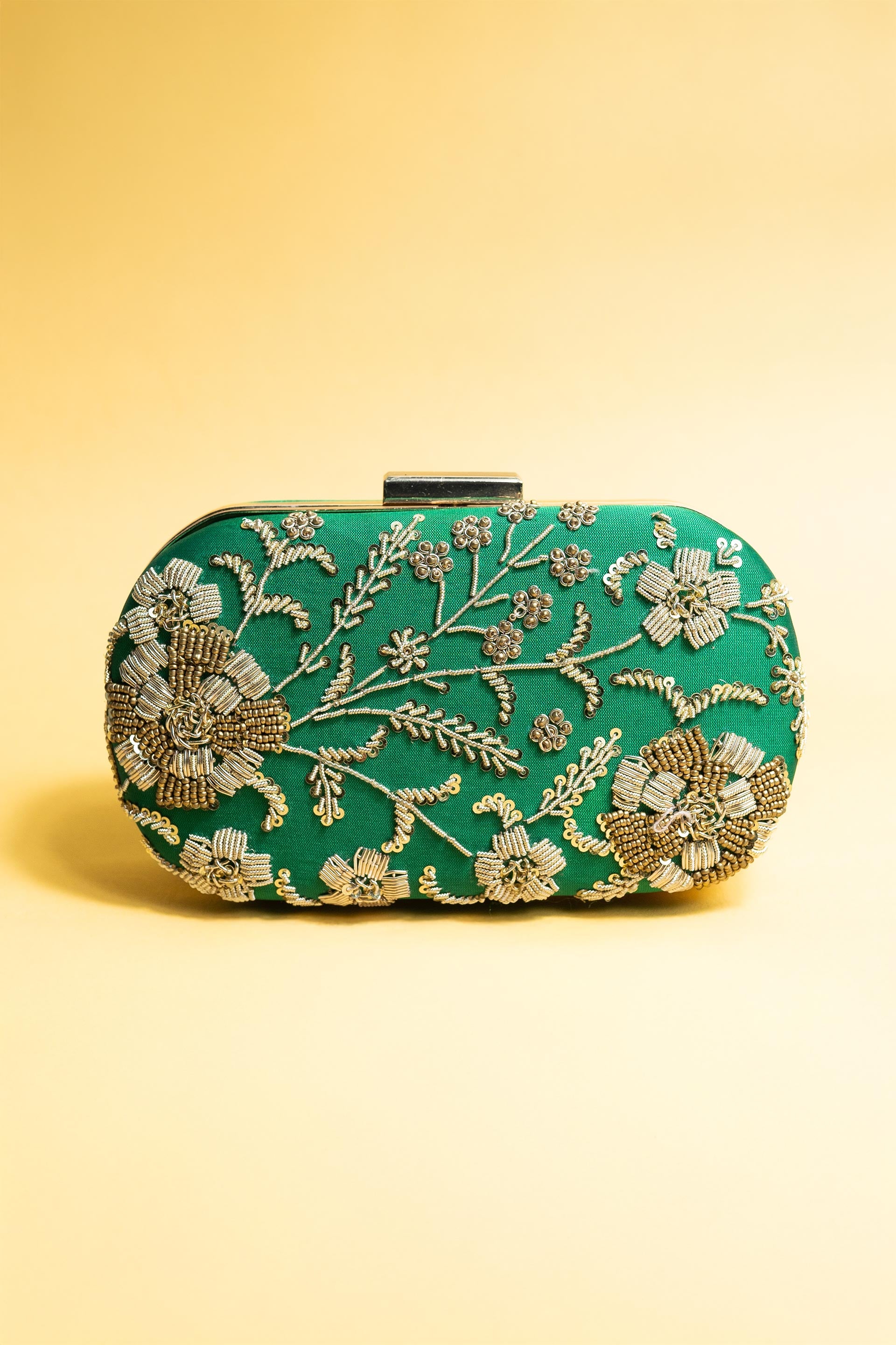 Green bead embroidery clutch bag with detachable sling
