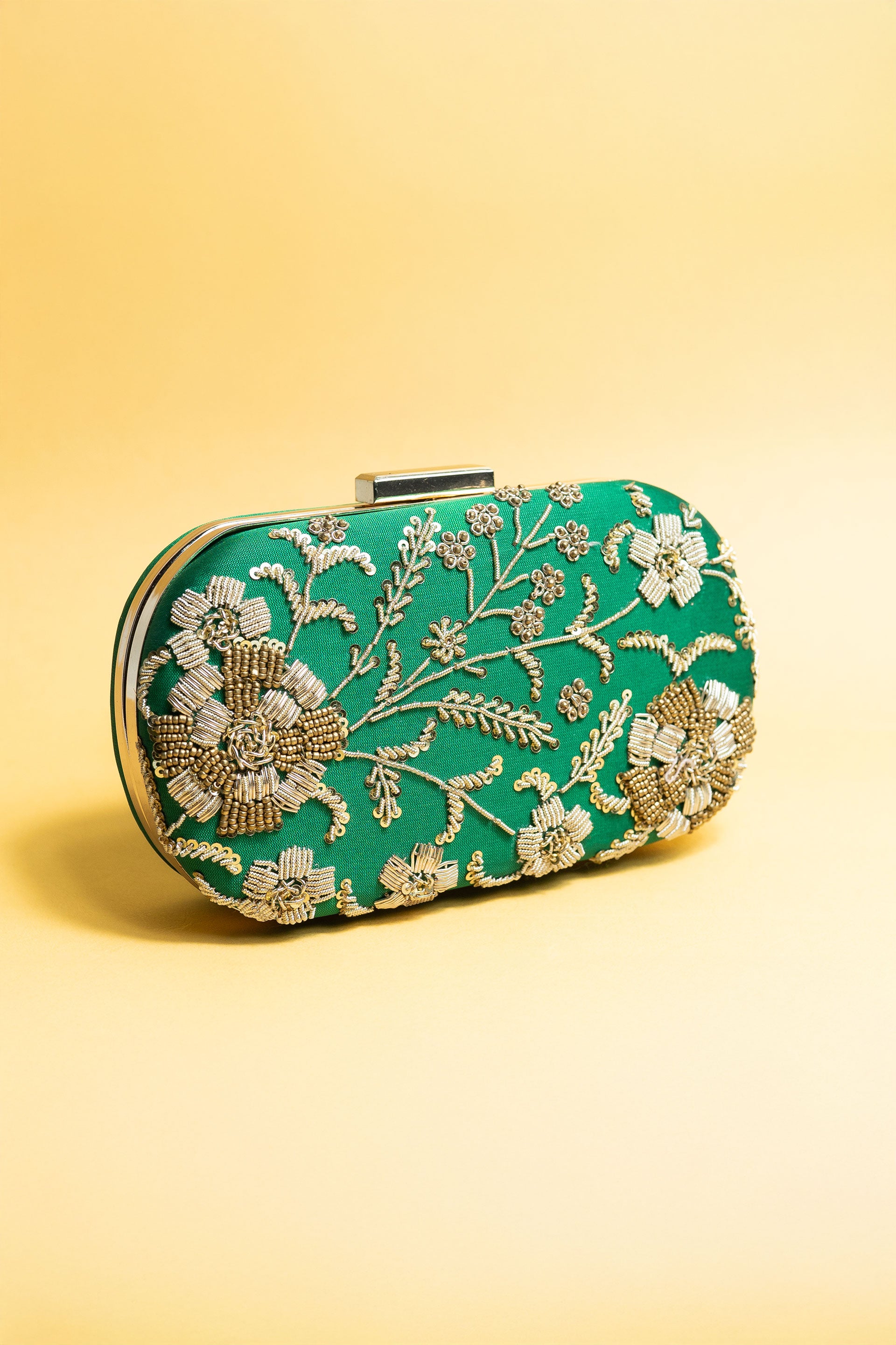 Green bead embroidery clutch bag with detachable sling