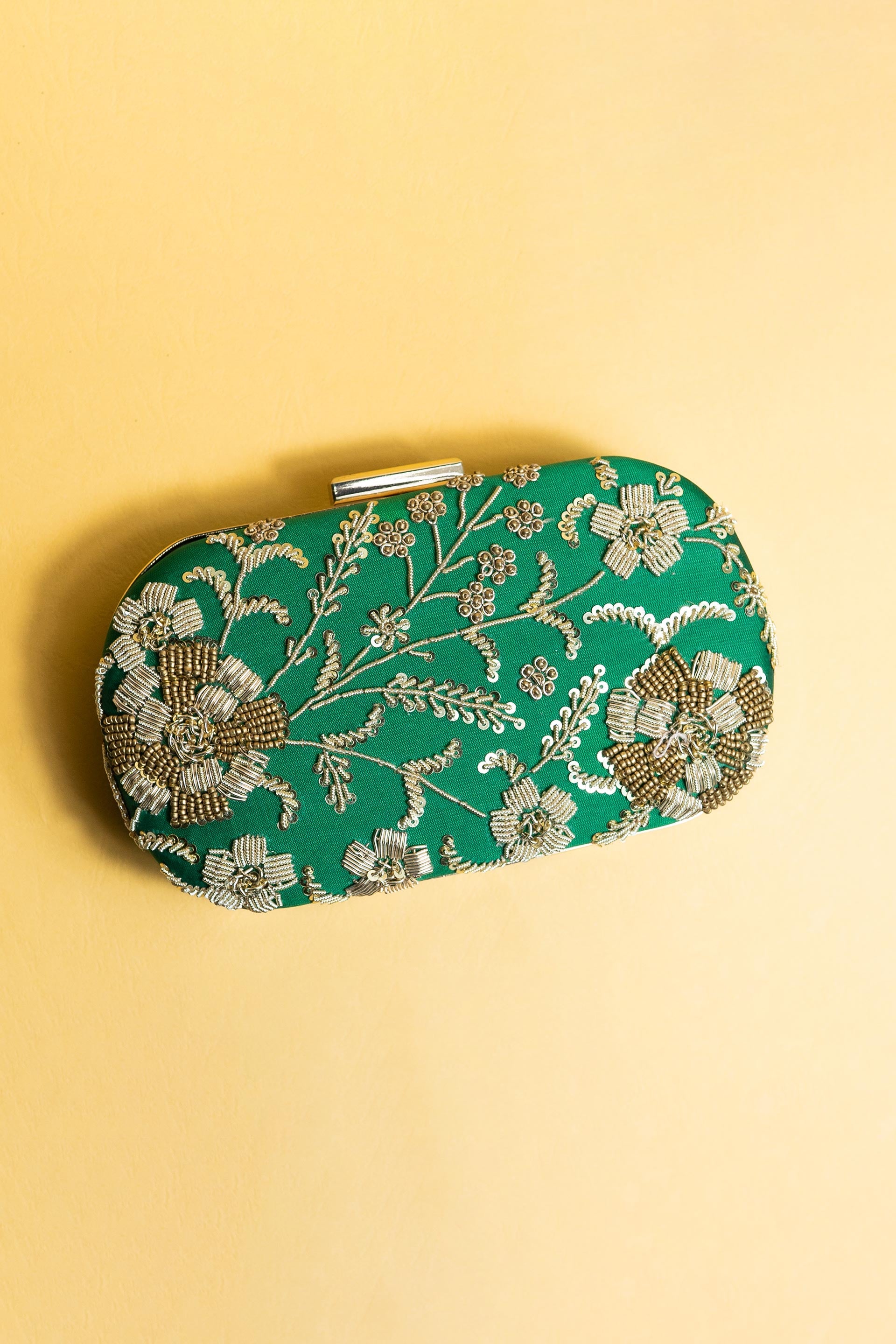 Green bead embroidery clutch bag with detachable sling