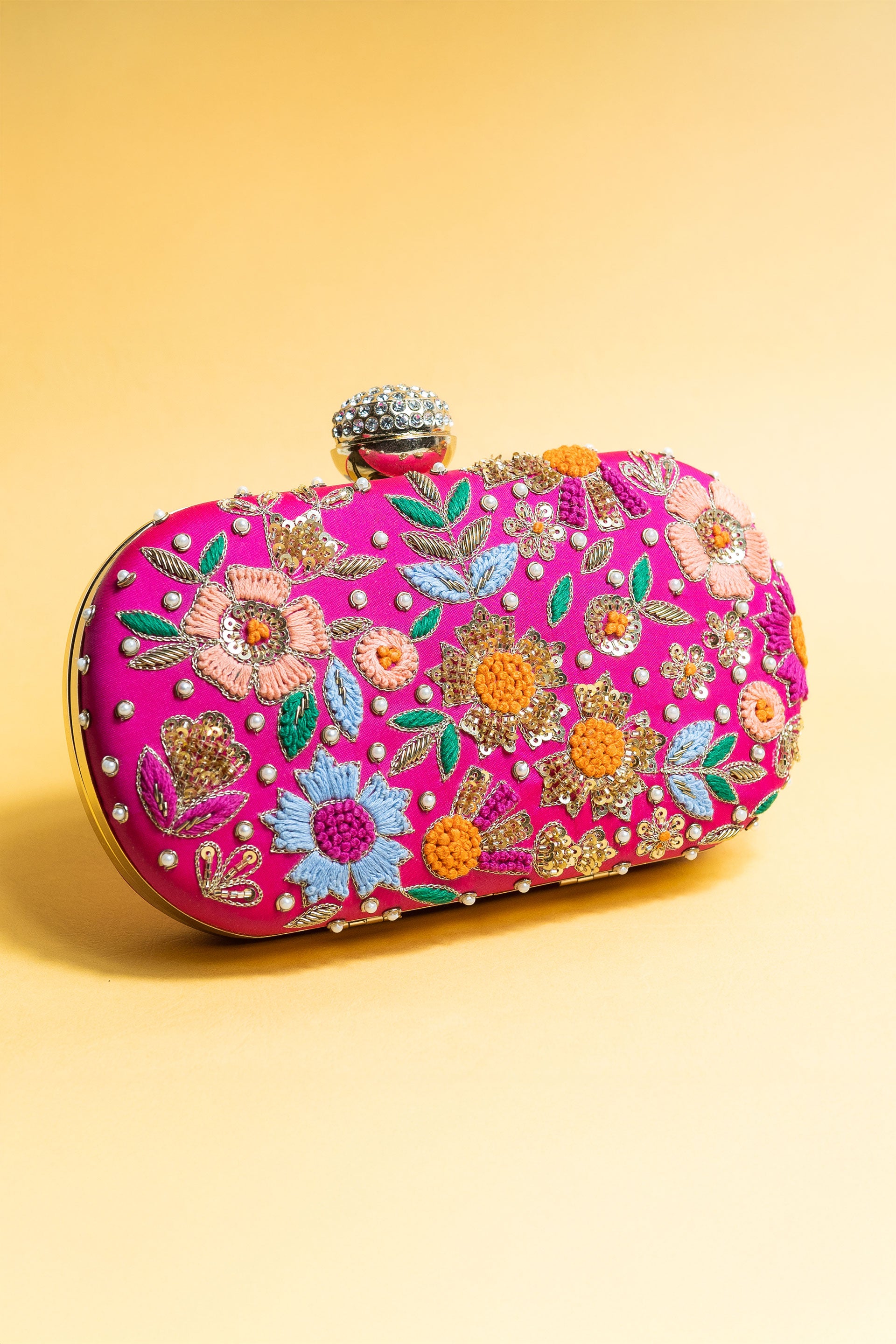 Hot pink hand made bead embroidery clutch bag detachable sling