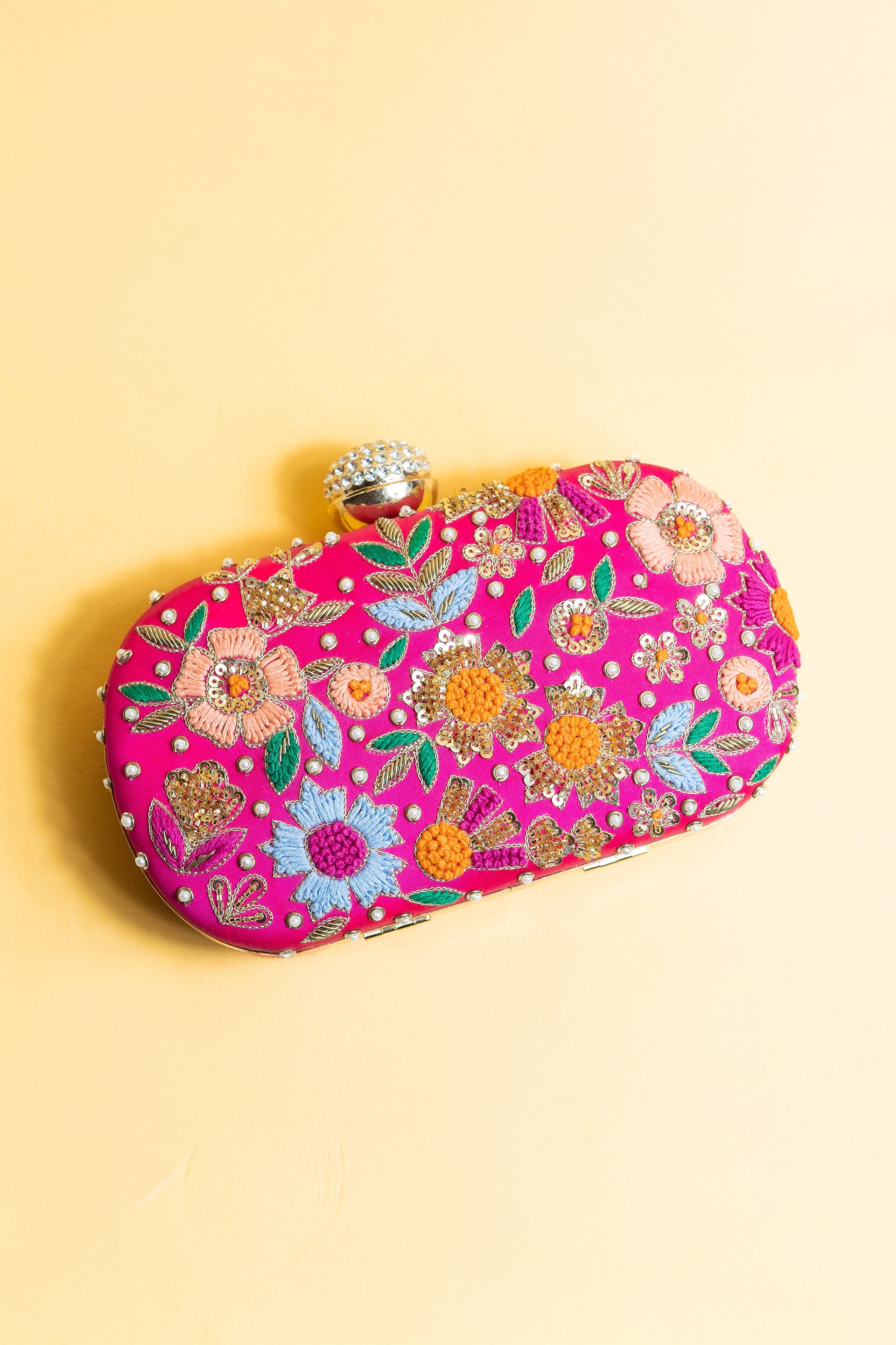 Hot pink hand made bead embroidery clutch bag detachable sling