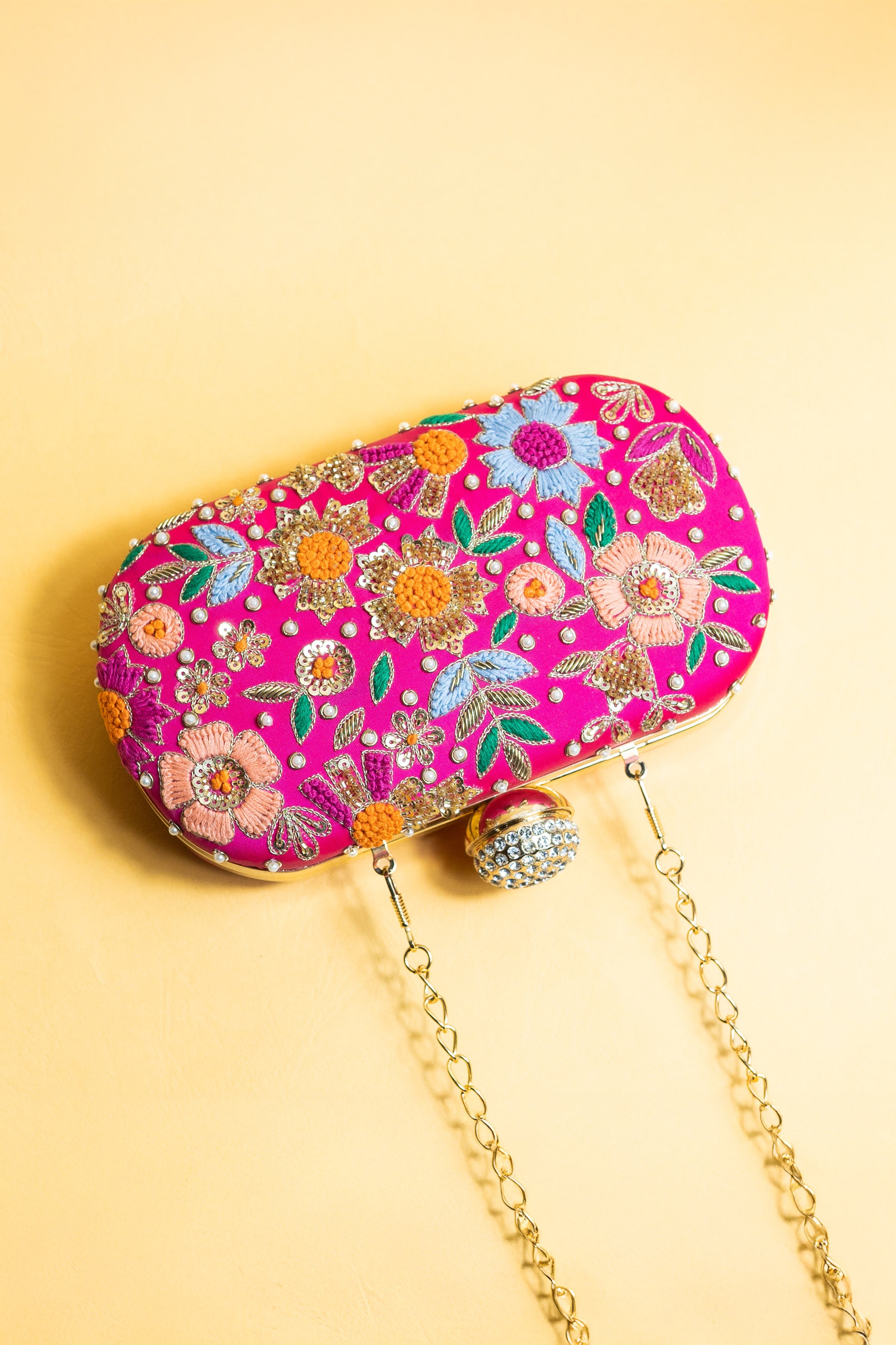 Hot pink hand made bead embroidery clutch bag detachable sling