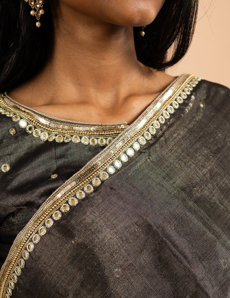 Charcoal mirror and sequin work saree – Tissue silk image 3