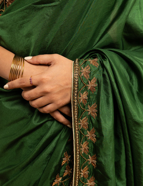 Green zardozi and bead work saree – Chanderi silk image 3