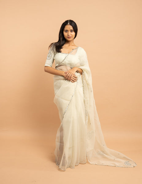 Ivory zardozi paisley saree – Organza silk image 3