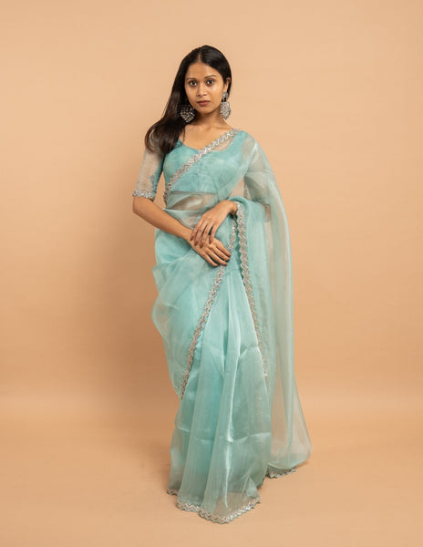 Aqua sequin zigzag border saree – Organza silk image 3