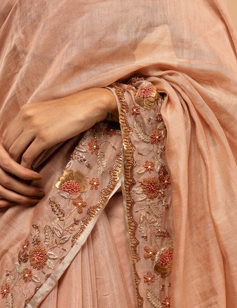 Blush peach floral zardozi saree – Tissue silk image 3