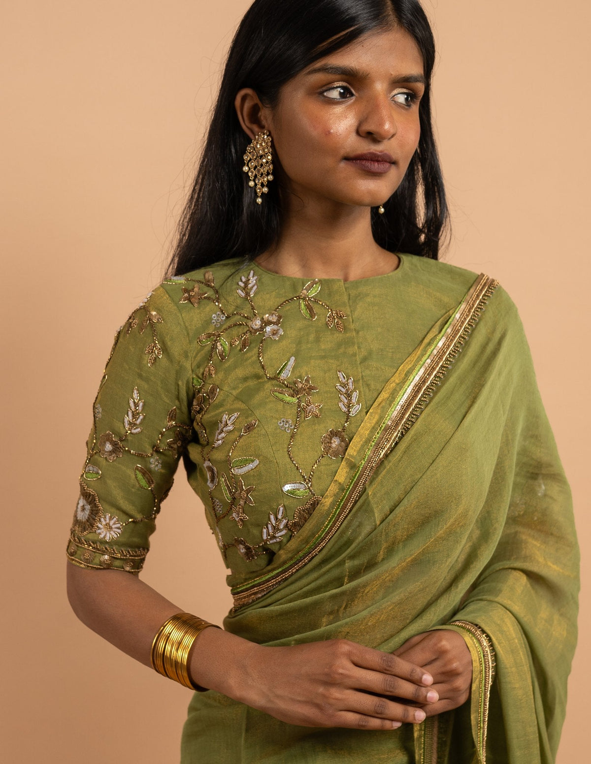Olive green zardozi floral saree – Silk