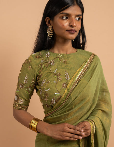Olive green zardozi floral saree – Silk image 3