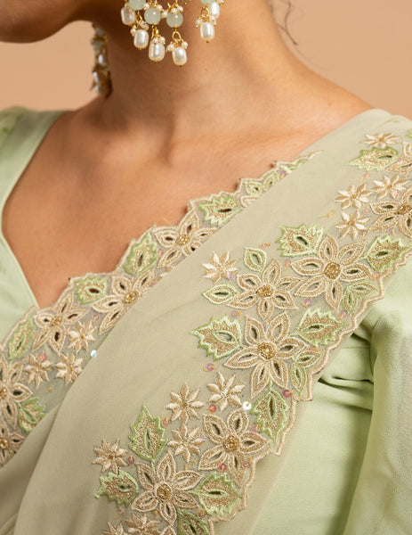 Pistachio floral cutwork saree – Georgette silk image 3