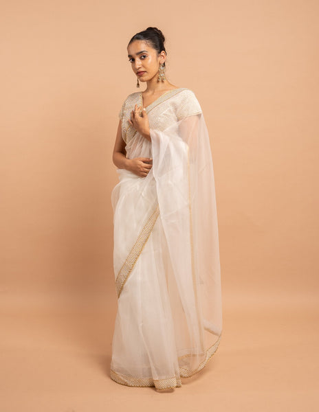 White pearl net and gold border saree – Organza silk image 3