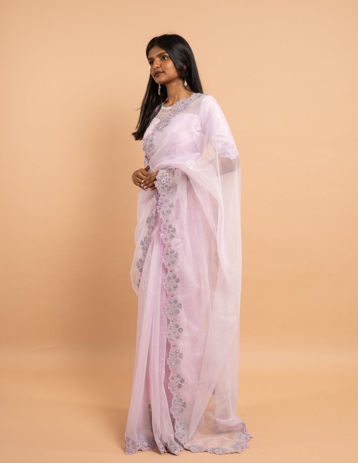 Baby pink floral cutwork saree – Organza silk