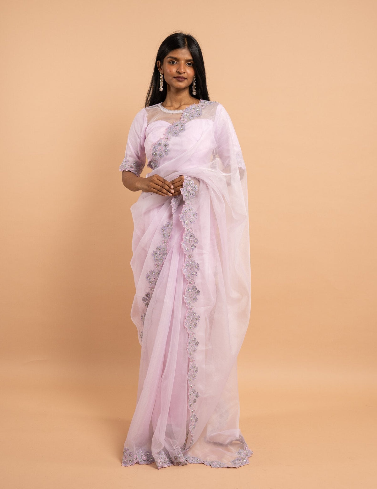 Baby pink floral cutwork saree – Organza silk