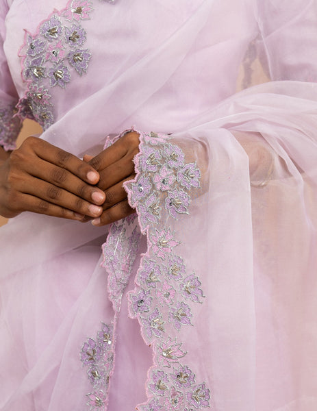 Baby pink floral cutwork saree – Organza silk image 3