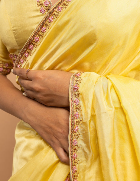 Yellow floral border and butterfly zardozi saree – Silk image 3