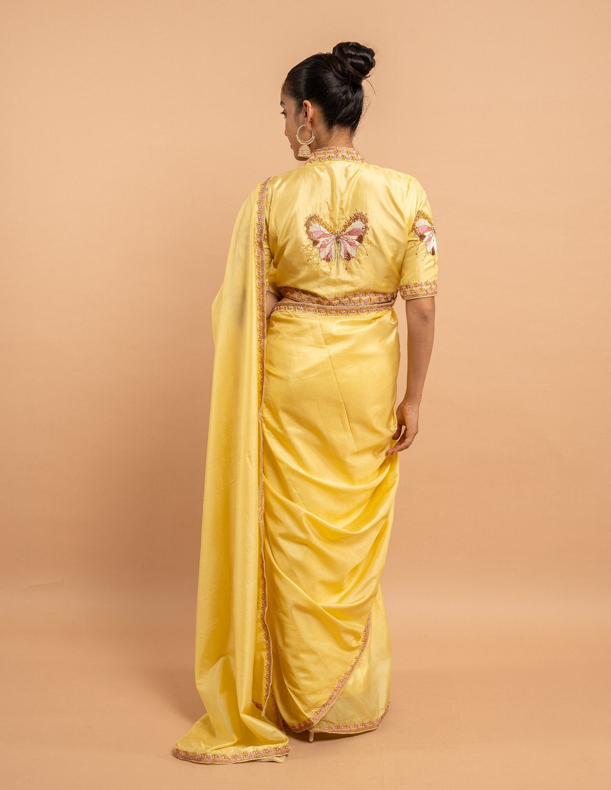 Yellow floral border and butterfly zardozi saree – Silk