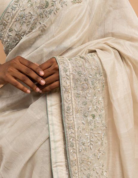 Ivory all-over silver zardozi saree – Tissue silk image 3
