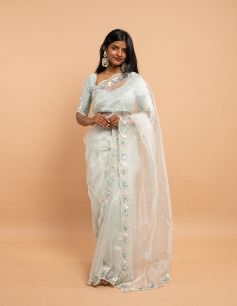 Ice blue floral sequin saree – Organza silk image 3
