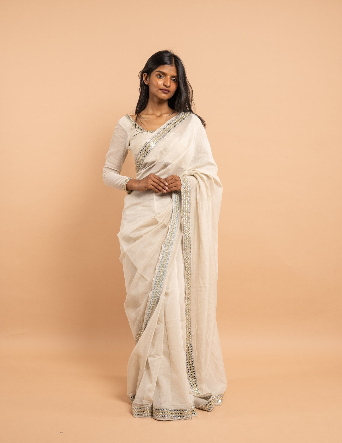 Ivory mirror border saree – Tissue silk