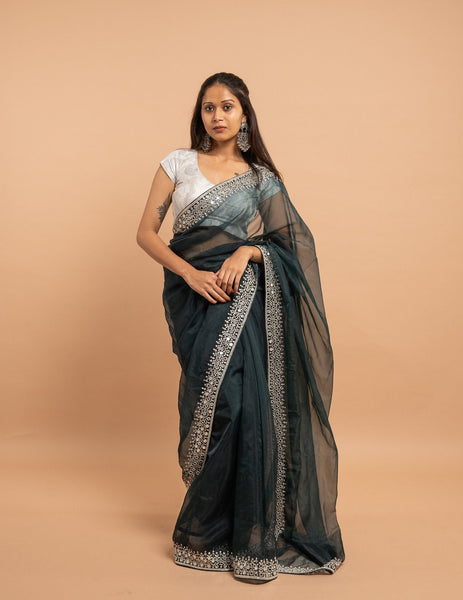 Emerald silver embroidered saree – Net silk image 3