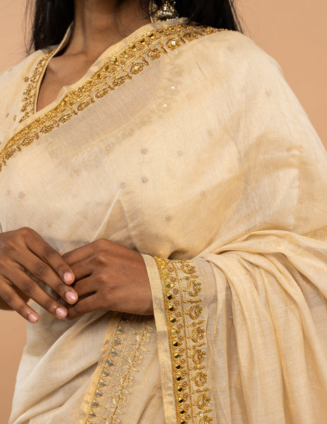 Cream gold zari and mirror saree – Tissue silk image 3
