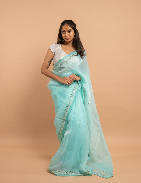 Aqua mirror and bead border saree – Organza silk image 3