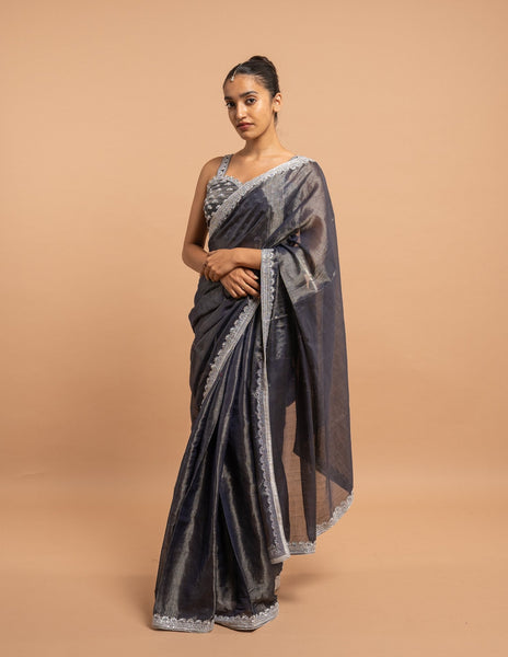 Charcoal grey silver border saree – Tissue silk image 3
