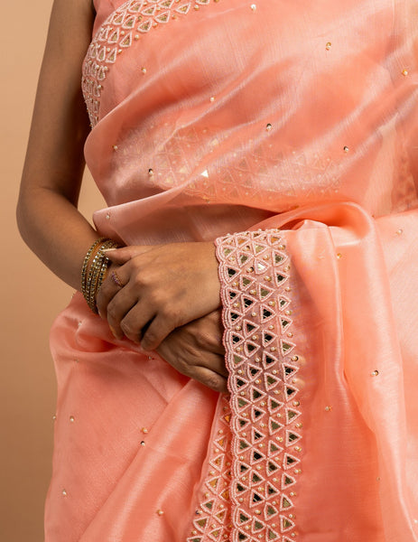 Peach mirror border saree – Organza silk image 3