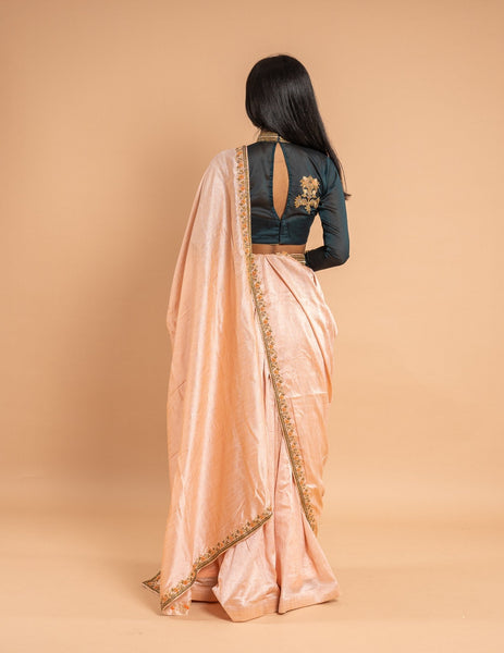 Peach zardozi border saree – Tissue silk image 3