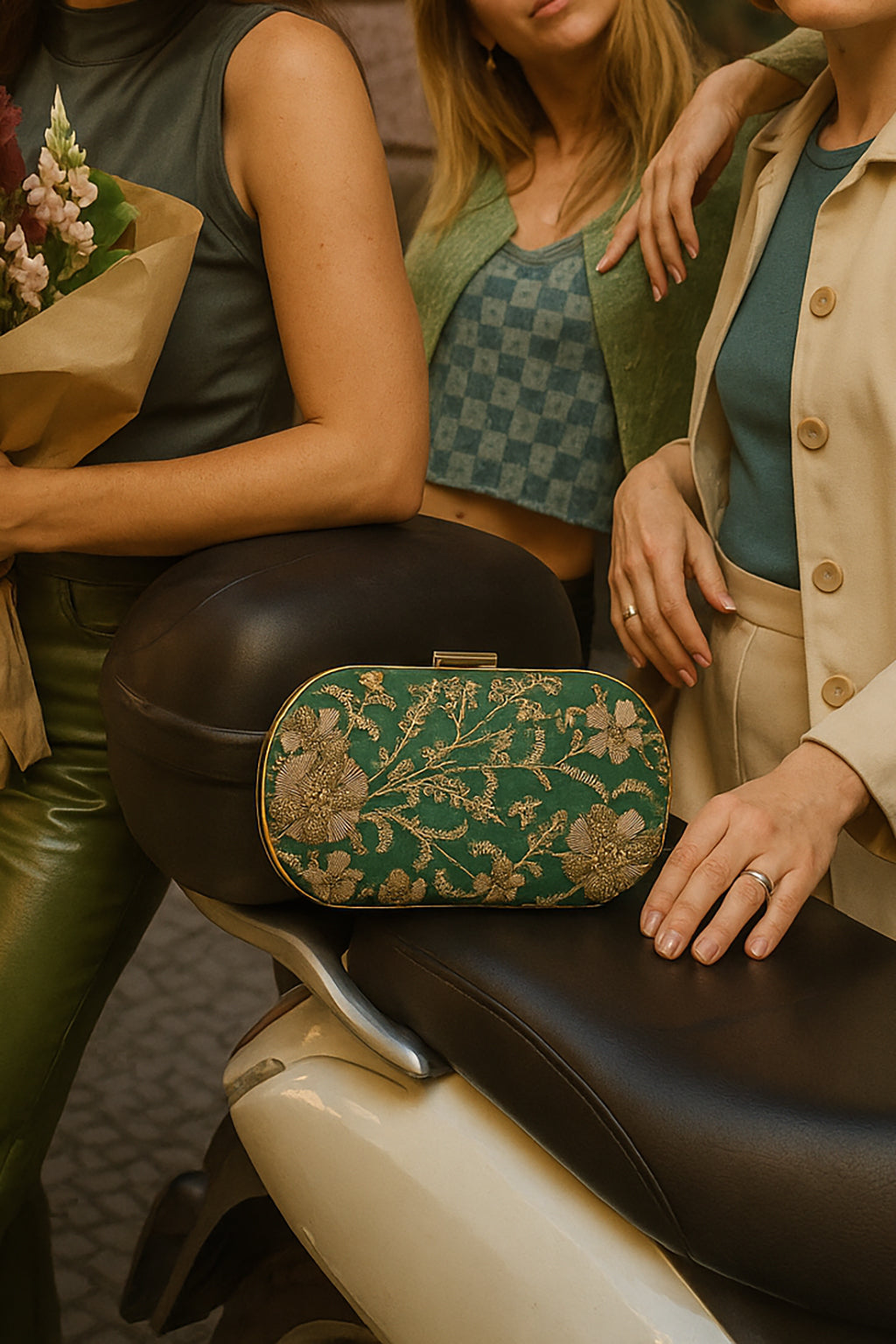 Green bead embroidery clutch bag with detachable sling
