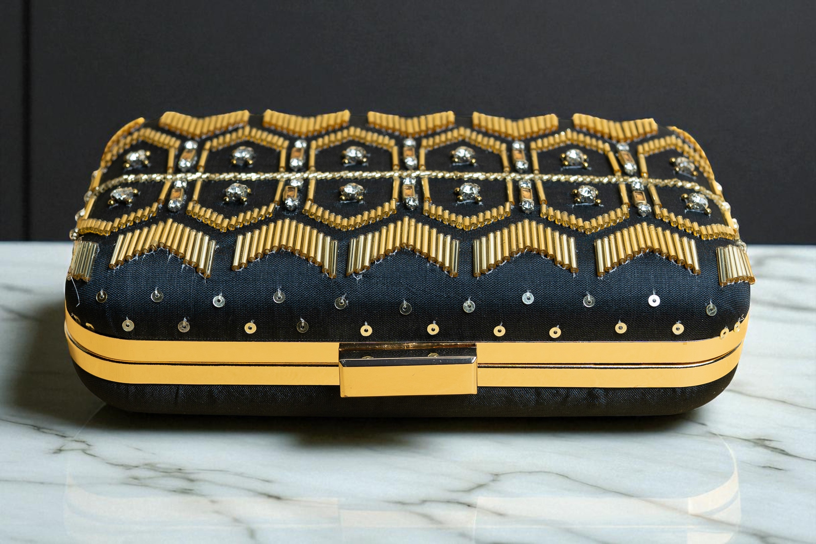 Black and Gold silk clutch purse/bag with detachable metal sling