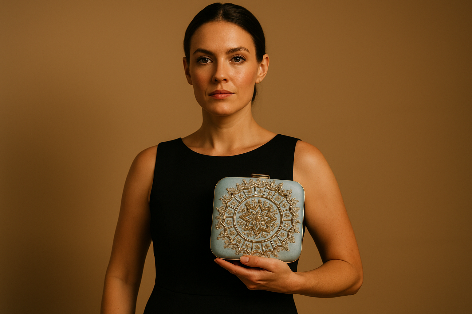 Woman holding a handmade clutch against a brown background