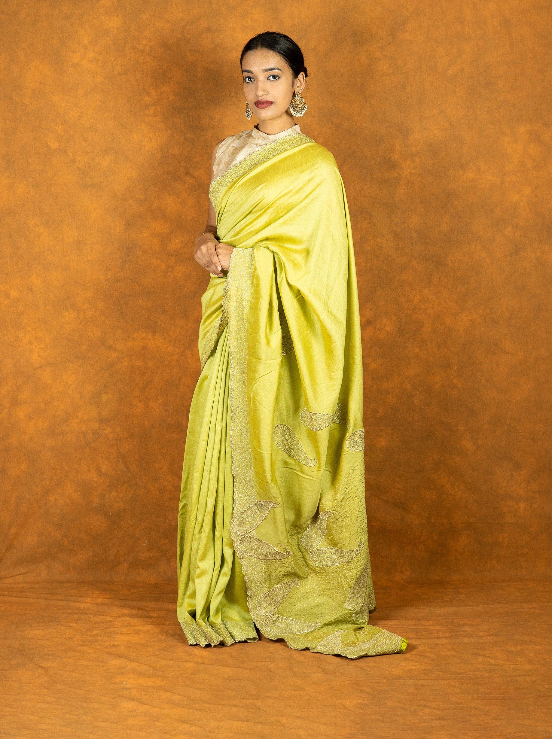 Lemon Green chinon silk embroidered saree