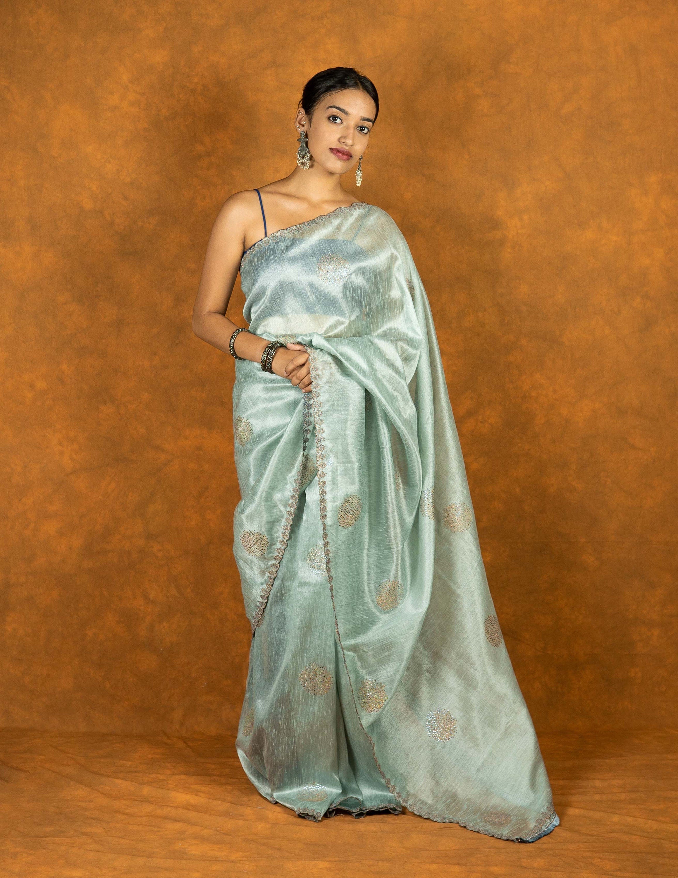 Hancock green gray Linen silk blend embroidered saree