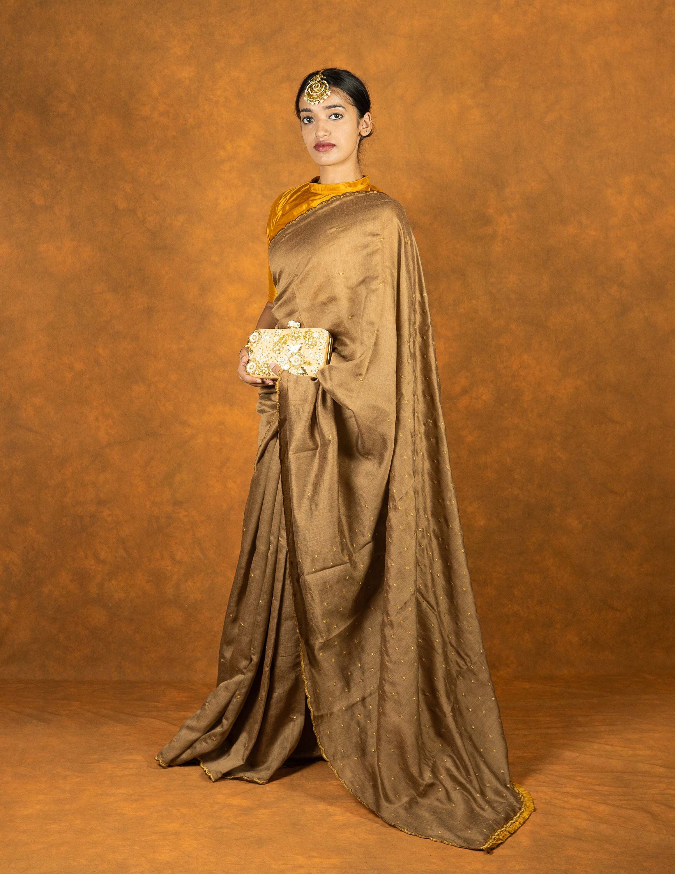 Cinnamon brown silk blend embroidered saree