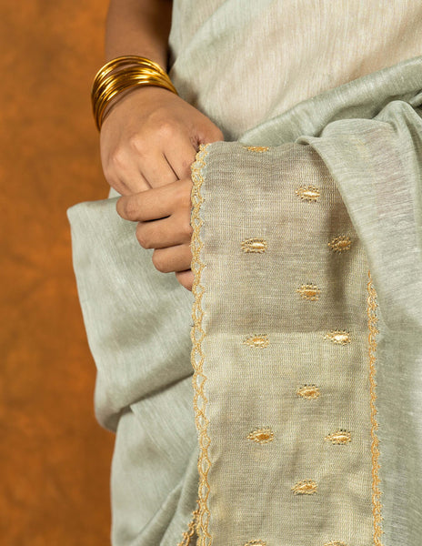 Hancock green/gray linen with gold zari embroidered saree image 3