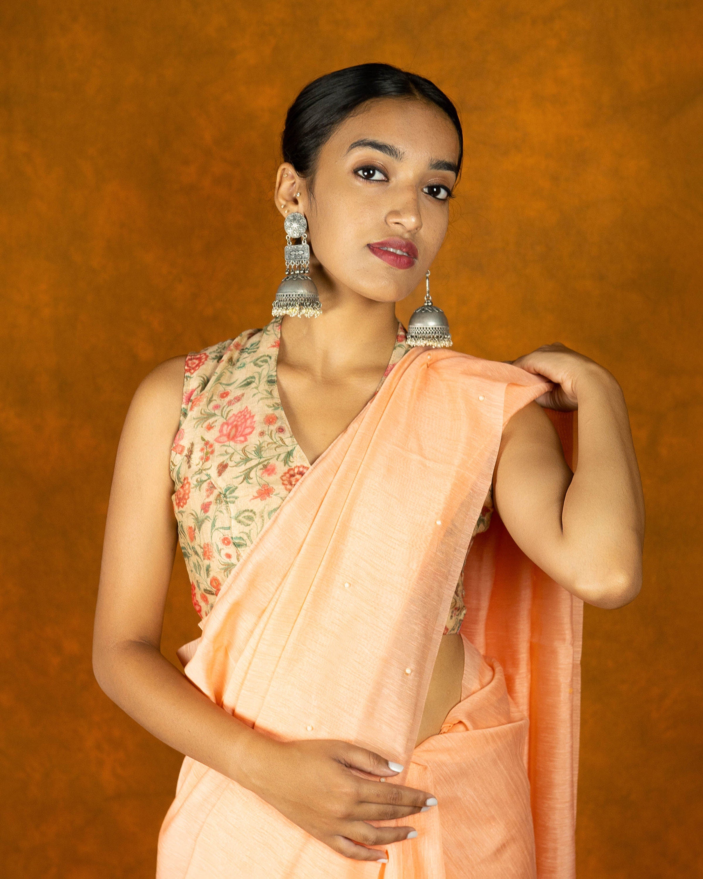 Light Orange cotton embroidery moti saree