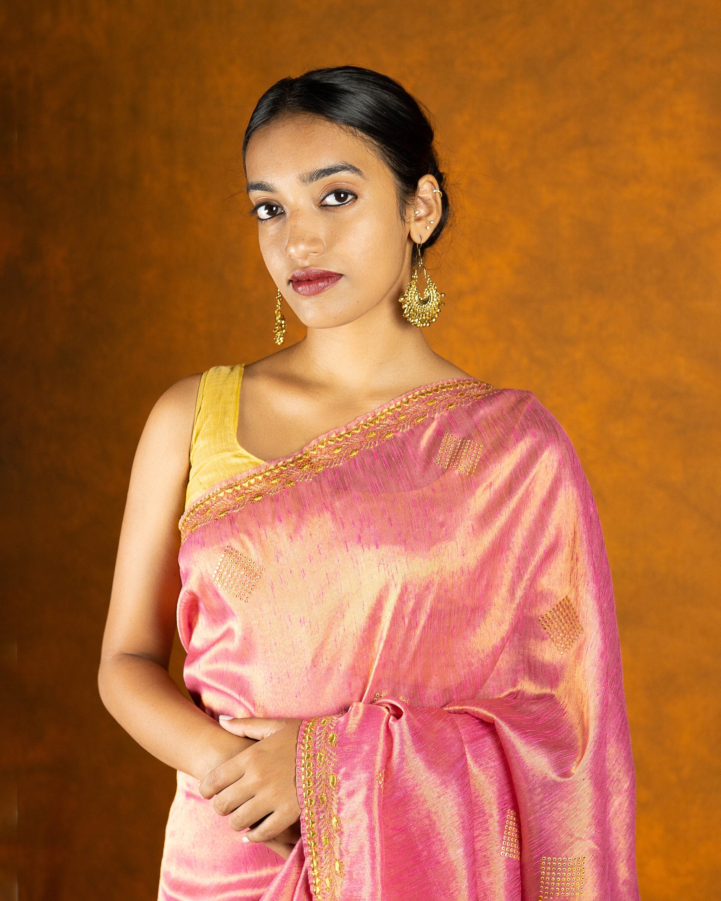 Pink silk blend gold embroidery saree with gold border