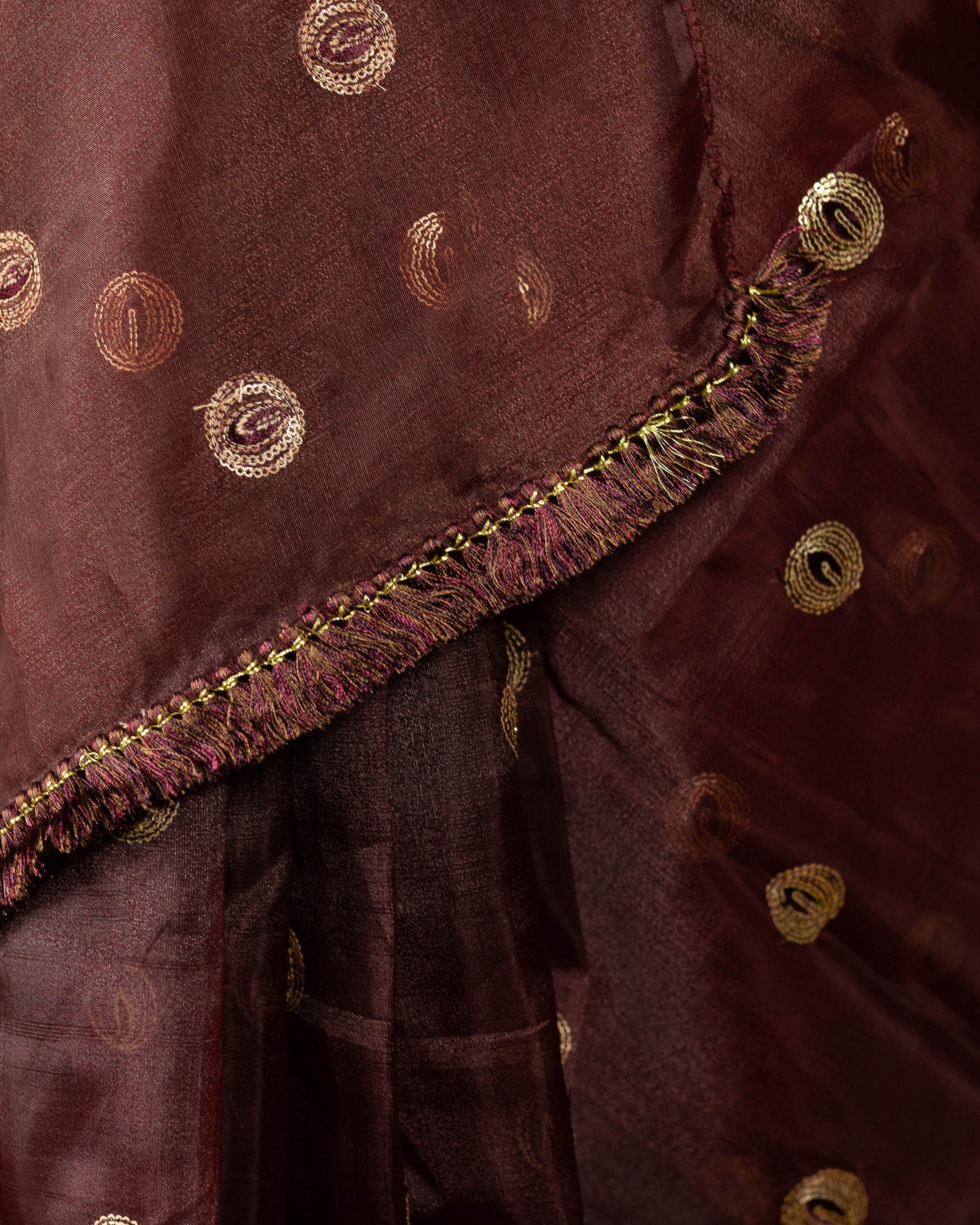 Grape Organza blend embroidery saree with gold work border and tassels