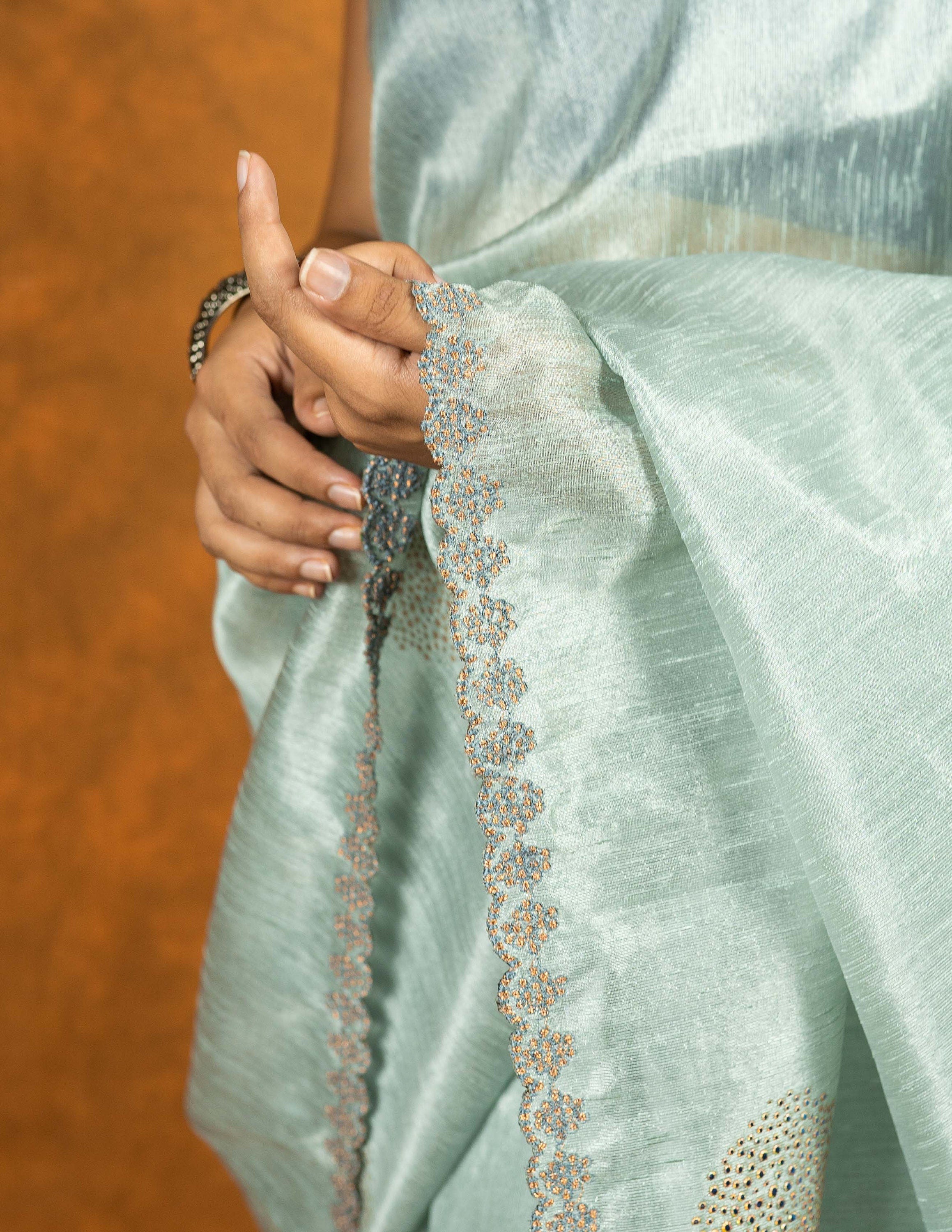 Hancock green gray Linen silk blend embroidered saree