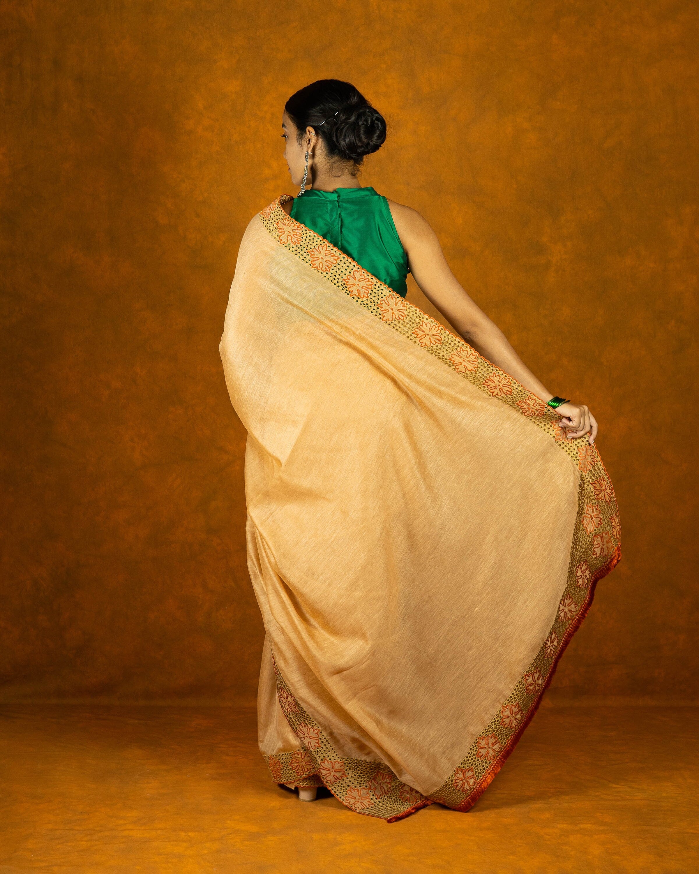 Beige brown cotton cutwork embroidery saree