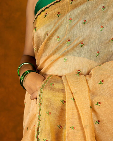 Dark beige linen embroidery saree image 3